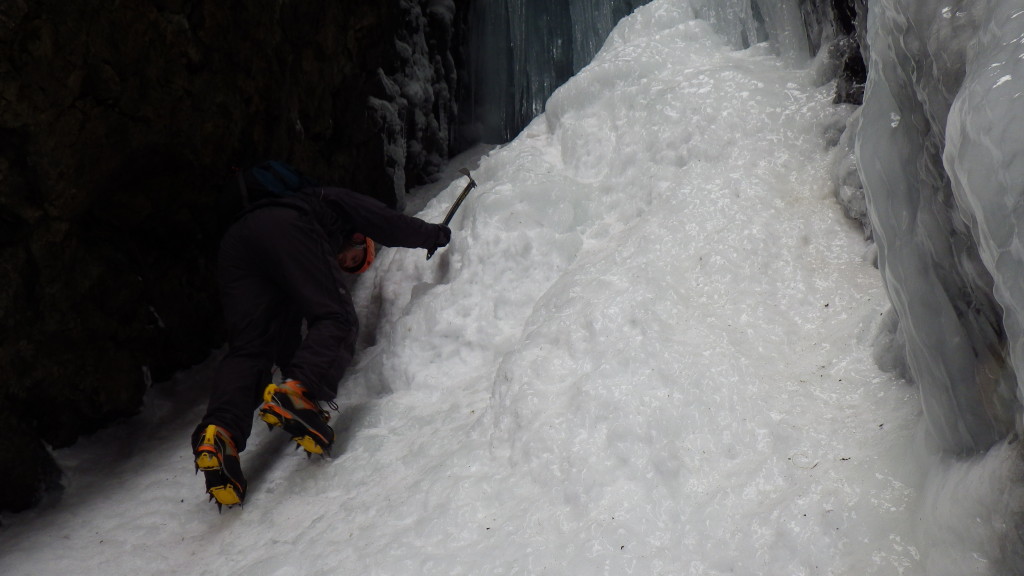 Practicing crampon and ice axe skills in Devils Kitchen